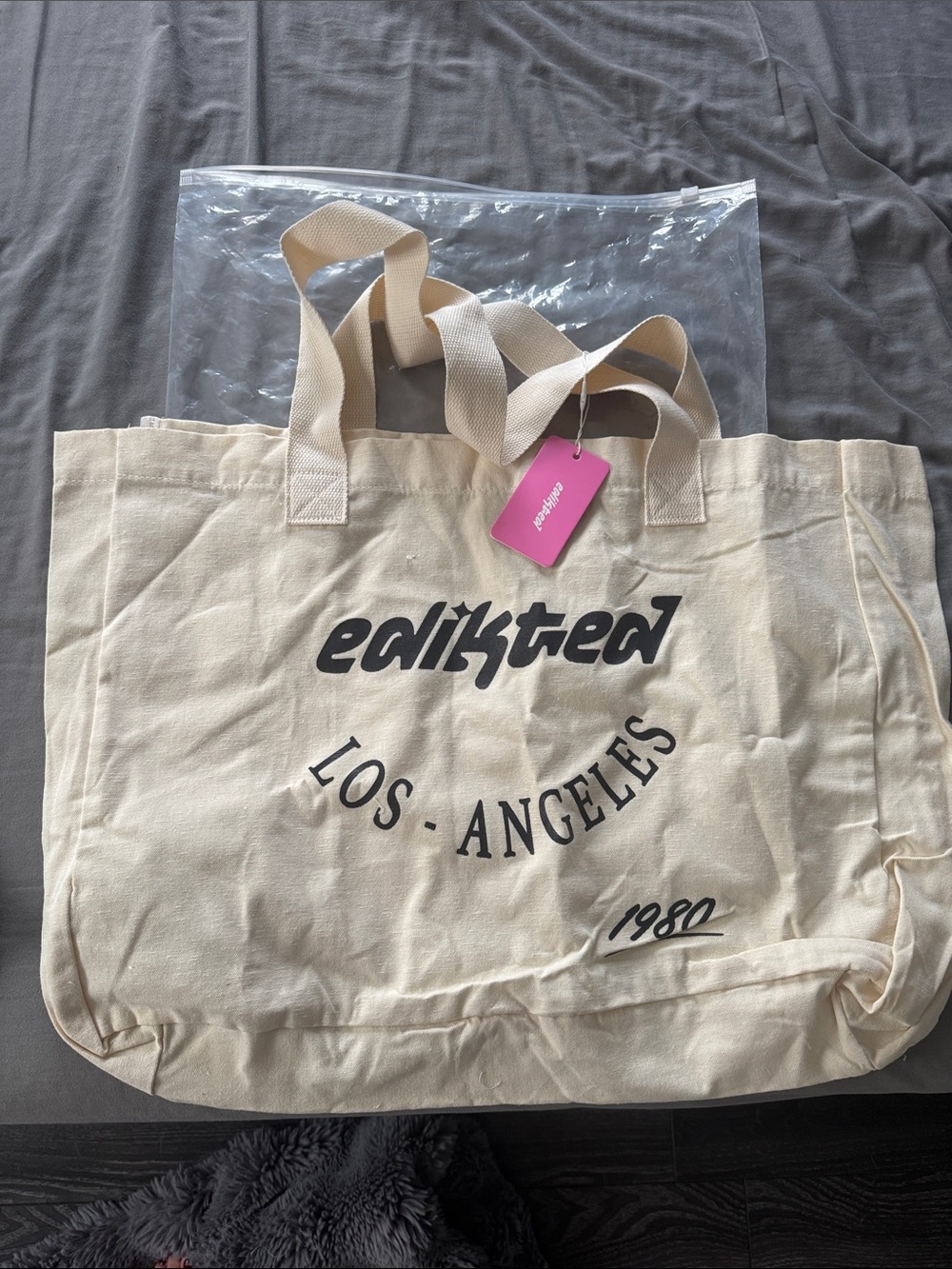 Edikted Beige Canvas Tote with Black Logo and Pink Tag